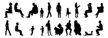 Vektör siluetleri, insanların ana hatları, Contour çizimleri, insanların siluetleri, ikon kümesi izole edilmiş, oturan insanların silueti, mimari set