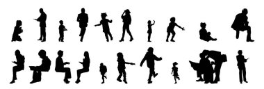 Vektör siluetleri, insanların ana hatları, Contour çizimleri, insanların siluetleri, ikon kümesi izole edilmiş, oturan insanların silueti, mimari set