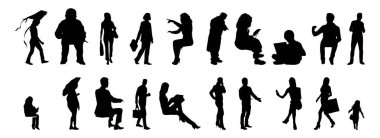 Vektör siluetleri, insanların ana hatları, Contour çizimleri, insanların siluetleri, ikon kümesi izole edilmiş, oturan insanların silueti, mimari set