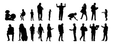 Vektör siluetleri, insanların ana hatları, Contour çizimleri, insanların siluetleri, ikon kümesi izole edilmiş, oturan insanların silueti, mimari set