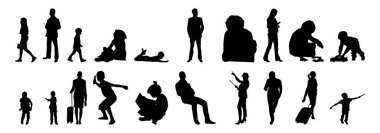 Vektör siluetleri, insanların ana hatları, Contour çizimleri, insanların siluetleri, ikon kümesi izole edilmiş, oturan insanların silueti, mimari set