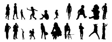 Vektör siluetleri, insanların ana hatları, Contour çizimleri, insanların siluetleri, ikon kümesi izole edilmiş, oturan insanların silueti, mimari set