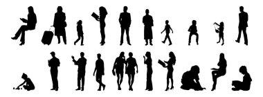 Vektör siluetleri, insanların ana hatları, Contour çizimleri, insanların siluetleri, ikon kümesi izole edilmiş, oturan insanların silueti, mimari set