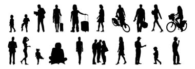 Vektör siluetleri, insanların ana hatları, Contour çizimleri, insanların siluetleri, ikon kümesi izole edilmiş, oturan insanların silueti, mimari set