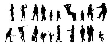 Vektör siluetleri, insanların ana hatları, Contour çizimleri, insanların siluetleri, ikon kümesi izole edilmiş, oturan insanların silueti, mimari set