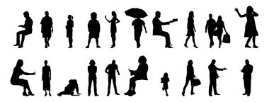 Vektör siluetleri, insanların ana hatları, Contour çizimleri, insanların siluetleri, ikon kümesi izole edilmiş, oturan insanların silueti, mimari set
