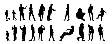 Vektör siluetleri, insanların ana hatları, Contour çizimleri, insanların siluetleri, ikon kümesi izole edilmiş, oturan insanların silueti, mimari set