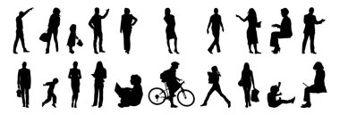 Vektör siluetleri, insanların ana hatları, Contour çizimleri, insanların siluetleri, ikon kümesi izole edilmiş, oturan insanların silueti, mimari set