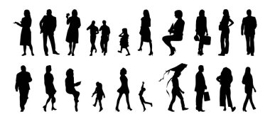 Vektör siluetleri, insanların ana hatları, Contour çizimleri, insanların siluetleri, ikon kümesi izole edilmiş, oturan insanların silueti, mimari set