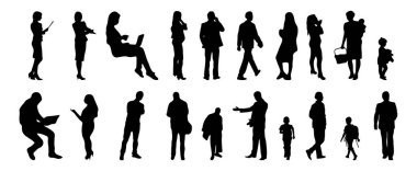 Vektör siluetleri, insanların ana hatları, Contour çizimleri, insanların siluetleri, ikon kümesi izole edilmiş, oturan insanların silueti, mimari set