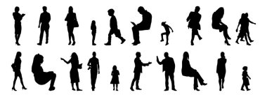 Vektör siluetleri, insanların ana hatları, Contour çizimleri, insanların siluetleri, ikon kümesi izole edilmiş, oturan insanların silueti, mimari set