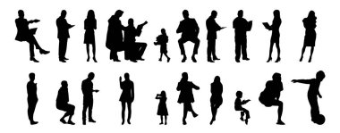 Vektör siluetleri, insanların ana hatları, Contour çizimleri, insanların siluetleri, ikon kümesi izole edilmiş, oturan insanların silueti, mimari set