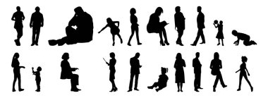 Vektör siluetleri, insanların ana hatları, Contour çizimleri, insanların siluetleri, ikon kümesi izole edilmiş, oturan insanların silueti, mimari set