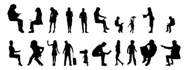 Vektör siluetleri, insanların ana hatları, Contour çizimleri, insanların siluetleri, ikon kümesi izole edilmiş, oturan insanların silueti, mimari set
