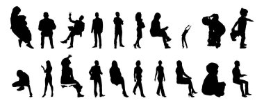 Vektör siluetleri, insanların ana hatları, Contour çizimleri, insanların siluetleri, ikon kümesi izole edilmiş, oturan insanların silueti, mimari set