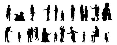 Vektör siluetleri, insanların ana hatları, Contour çizimleri, insanların siluetleri, ikon kümesi izole edilmiş, oturan insanların silueti, mimari set