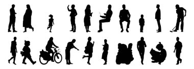 Vektör siluetleri, insanların ana hatları, Contour çizimleri, insanların siluetleri, ikon kümesi izole edilmiş, oturan insanların silueti, mimari set