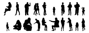 Vektör siluetleri, insanların ana hatları, Contour çizimleri, insanların siluetleri, ikon kümesi izole edilmiş, oturan insanların silueti, mimari set