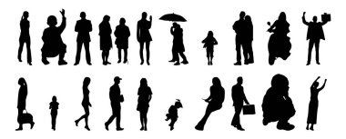 Vektör siluetleri, insanların ana hatları, Contour çizimleri, insanların siluetleri, ikon kümesi izole edilmiş, oturan insanların silueti, mimari set