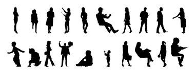 Vektör siluetleri, insanların ana hatları, Contour çizimleri, insanların siluetleri, ikon kümesi izole edilmiş, oturan insanların silueti, mimari set