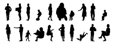 Vektör siluetleri, insanların ana hatları, Contour çizimleri, insanların siluetleri, ikon kümesi izole edilmiş, oturan insanların silueti, mimari set