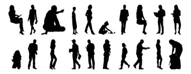 Vektör siluetleri, insanların ana hatları, Contour çizimleri, insanların siluetleri, ikon kümesi izole edilmiş, oturan insanların silueti, mimari set