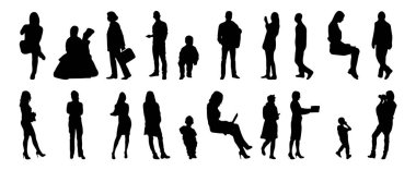 Vektör siluetleri, insanların ana hatları, Contour çizimleri, insanların siluetleri, ikon kümesi izole edilmiş, oturan insanların silueti, mimari set