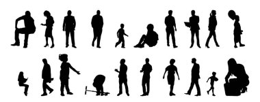 Vektör siluetleri, insanların ana hatları, Contour çizimleri, insanların siluetleri, ikon kümesi izole edilmiş, oturan insanların silueti, mimari set