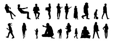 Vektör siluetleri, insanların ana hatları, Contour çizimleri, insanların siluetleri, ikon kümesi izole edilmiş, oturan insanların silueti, mimari set