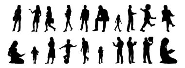Vektör siluetleri, insanların ana hatları, Contour çizimleri, insanların siluetleri, ikon kümesi izole edilmiş, oturan insanların silueti, mimari set