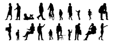 Vektör siluetleri, insanların ana hatları, Contour çizimleri, insanların siluetleri, ikon kümesi izole edilmiş, oturan insanların silueti, mimari set