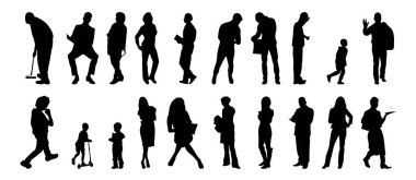 Vektör siluetleri, insanların ana hatları, Contour çizimleri, insanların siluetleri, ikon kümesi izole edilmiş, oturan insanların silueti, mimari set