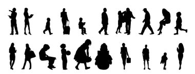 Vektör siluetleri, insanların ana hatları, Contour çizimleri, insanların siluetleri, ikon kümesi izole edilmiş, oturan insanların silueti, mimari set