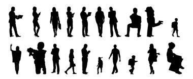 Vektör siluetleri, insanların ana hatları, Contour çizimleri, insanların siluetleri, ikon kümesi izole edilmiş, oturan insanların silueti, mimari set