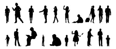 Vektör siluetleri, insanların ana hatları, Contour çizimleri, insanların siluetleri, ikon kümesi izole edilmiş, oturan insanların silueti, mimari set