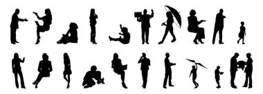 Vektör siluetleri, insanların ana hatları, Contour çizimleri, insanların siluetleri, ikon kümesi izole edilmiş, oturan insanların silueti, mimari set