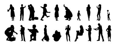 Vektör siluetleri, insanların ana hatları, Contour çizimleri, insanların siluetleri, ikon kümesi izole edilmiş, oturan insanların silueti, mimari set