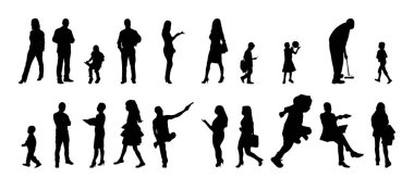 Vektör siluetleri, insanların ana hatları, Contour çizimleri, insanların siluetleri, ikon kümesi izole edilmiş, oturan insanların silueti, mimari set