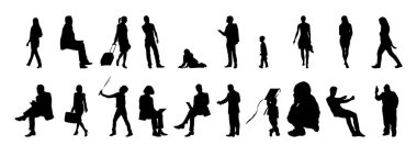 Vektör siluetleri, insanların ana hatları, Contour çizimleri, insanların siluetleri, ikon kümesi izole edilmiş, oturan insanların silueti, mimari set