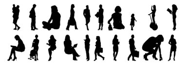 Vektör siluetleri, insanların ana hatları, Contour çizimleri, insanların siluetleri, ikon kümesi izole edilmiş, oturan insanların silueti, mimari set