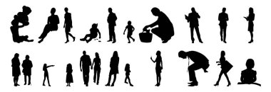 Vektör siluetleri, insanların ana hatları, Contour çizimleri, insanların siluetleri, ikon kümesi izole edilmiş, oturan insanların silueti, mimari set