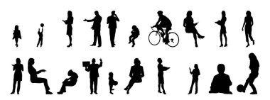Vektör siluetleri, insanların ana hatları, Contour çizimleri, insanların siluetleri, ikon kümesi izole edilmiş, oturan insanların silueti, mimari set