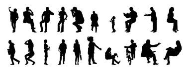 Vektör siluetleri, insanların ana hatları, Contour çizimleri, insanların siluetleri, ikon kümesi izole edilmiş, oturan insanların silueti, mimari set