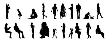 Vektör siluetleri, insanların ana hatları, Contour çizimleri, insanların siluetleri, ikon kümesi izole edilmiş, oturan insanların silueti, mimari set
