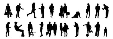 Vektör siluetleri, insanların ana hatları, Contour çizimleri, insanların siluetleri, ikon kümesi izole edilmiş, oturan insanların silueti, mimari set