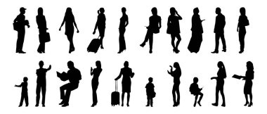 Vektör siluetleri, insanların ana hatları, Contour çizimleri, insanların siluetleri, ikon kümesi izole edilmiş, oturan insanların silueti, mimari set