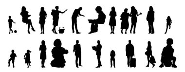 Vektör siluetleri, insanların ana hatları, Contour çizimleri, insanların siluetleri, ikon kümesi izole edilmiş, oturan insanların silueti, mimari set