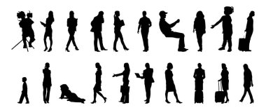 Vektör siluetleri, insanların ana hatları, Contour çizimleri, insanların siluetleri, ikon kümesi izole edilmiş, oturan insanların silueti, mimari set