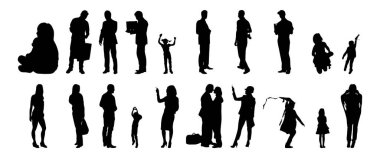 Vektör siluetleri, insanların ana hatları, Contour çizimleri, insanların siluetleri, ikon kümesi izole edilmiş, oturan insanların silueti, mimari set