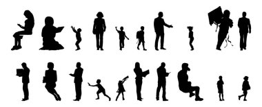 Vektör siluetleri, insanların ana hatları, Contour çizimleri, insanların siluetleri, ikon kümesi izole edilmiş, oturan insanların silueti, mimari set